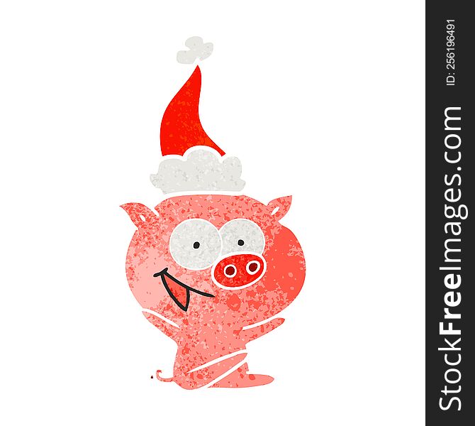 Cheerful Sitting Pig Retro Cartoon Of A Wearing Santa Hat