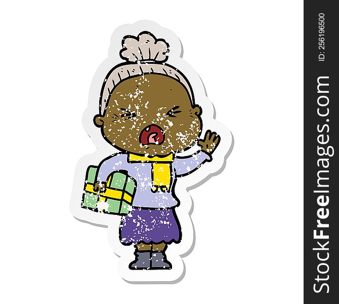 distressed sticker of a cartoon angry old woman