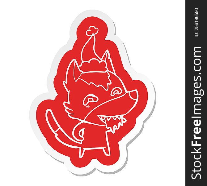 quirky cartoon  sticker of a hungry wolf wearing santa hat