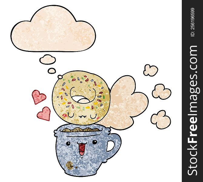 cute cartoon donut and coffee with thought bubble in grunge texture style. cute cartoon donut and coffee with thought bubble in grunge texture style