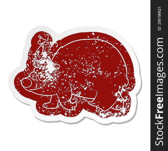 cartoon distressed sticker of a walking polar bear wearing santa hat