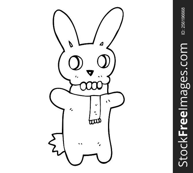 freehand drawn black and white cartoon spooky skull rabbit