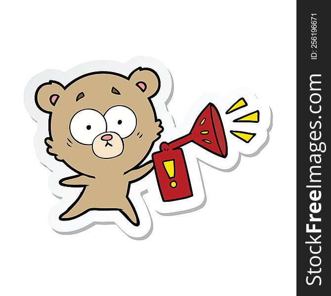 sticker of a anxious bear cartoon with air horn
