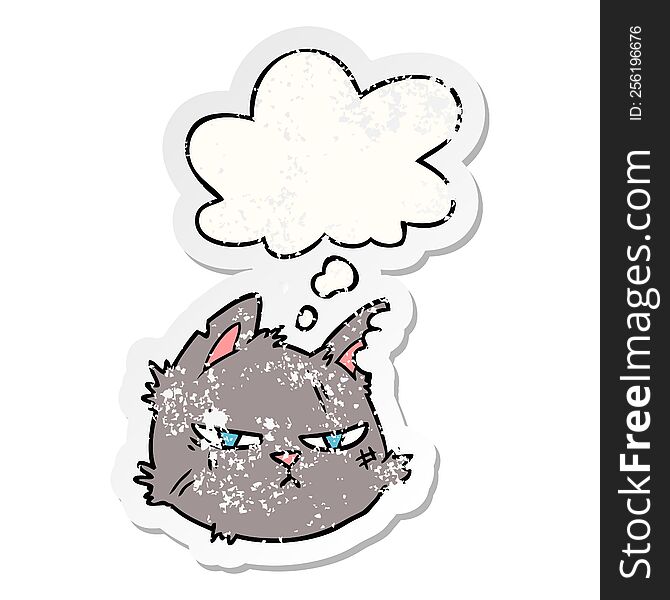 cartoon tough cat face with thought bubble as a distressed worn sticker
