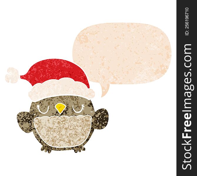 cute christmas owl with speech bubble in grunge distressed retro textured style. cute christmas owl with speech bubble in grunge distressed retro textured style