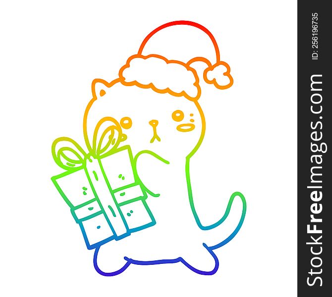 rainbow gradient line drawing of a cute cartoon cat carrying christmas present