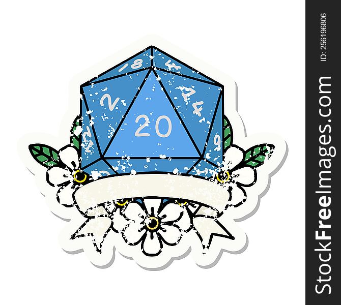 Natural 20 Critical Hit D20 Dice Roll Grunge Sticker