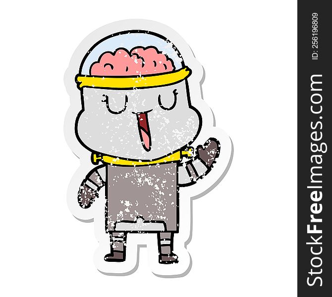 Distressed Sticker Of A Happy Cartoon Robot Waving