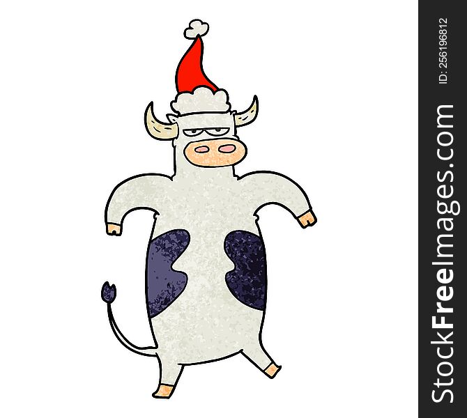 Textured Cartoon Of A Bull Wearing Santa Hat