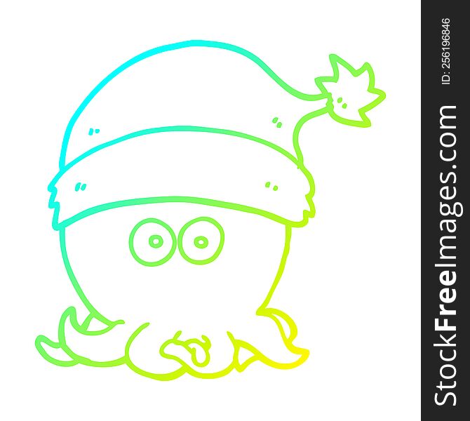 cold gradient line drawing of a cartoon octopus wearing christmas hat