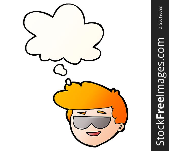 cartoon boy wearing sunglasses with thought bubble in smooth gradient style