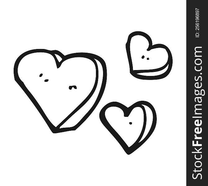 freehand drawn black and white cartoon hearts