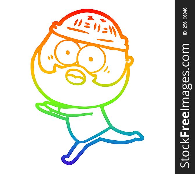 rainbow gradient line drawing of a cartoon bearded man running away