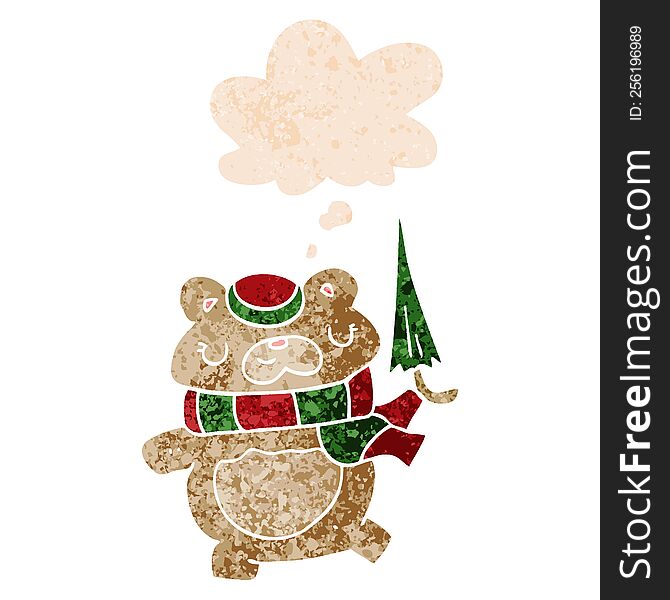 Cartoon Bear With Umbrella And Thought Bubble In Retro Textured Style