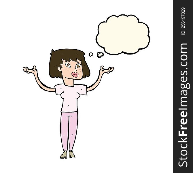 cartoon woman holding up hands with thought bubble