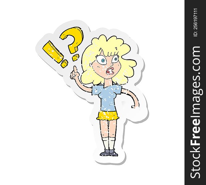 retro distressed sticker of a cartoon woman with question