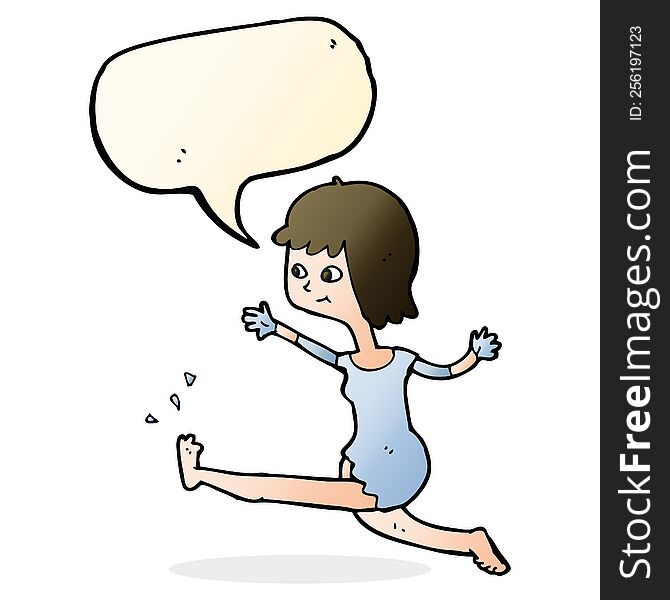 Cartoon Happy Woman Kicking With Speech Bubble