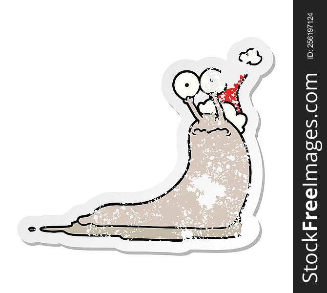 Distressed Sticker Cartoon Of A Slug Wearing Santa Hat