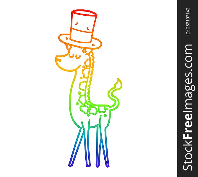 rainbow gradient line drawing of a cartoon giraffe in top hat