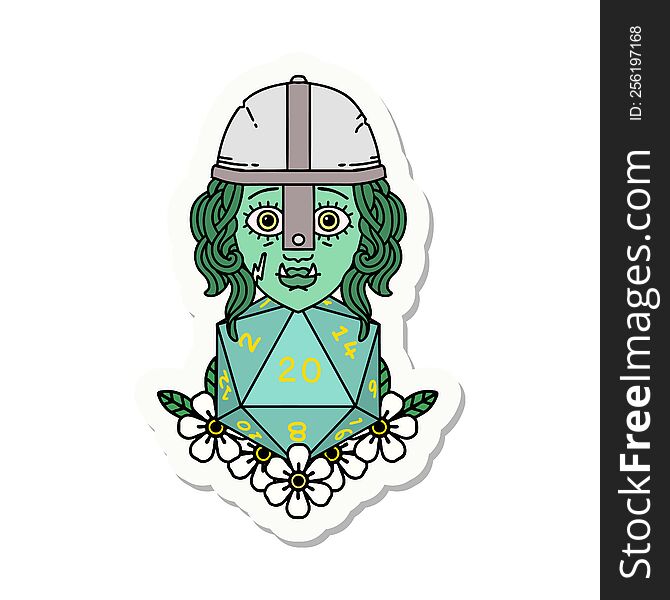 Half Orc Fighter Character With Natural Twenty Dice Roll Sticker