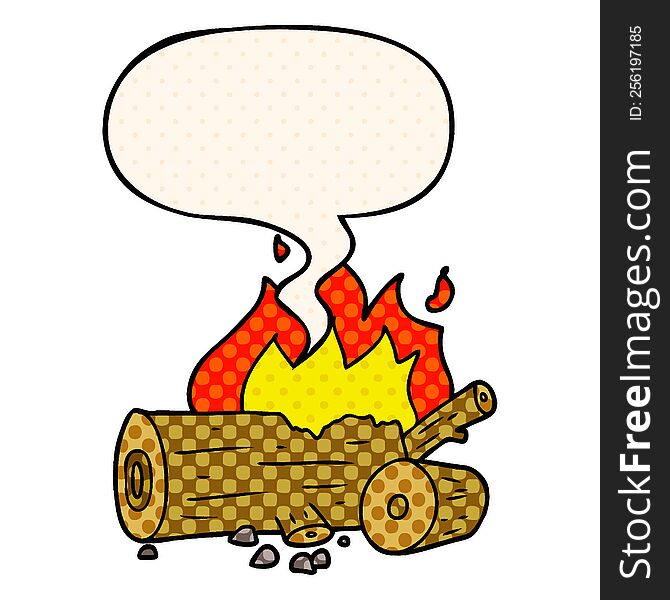 cartoon camp fire with speech bubble in comic book style