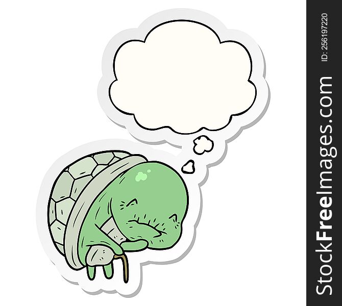 cute cartoon old turtle with thought bubble as a printed sticker