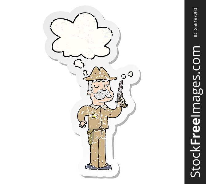 cartoon sheriff with thought bubble as a distressed worn sticker
