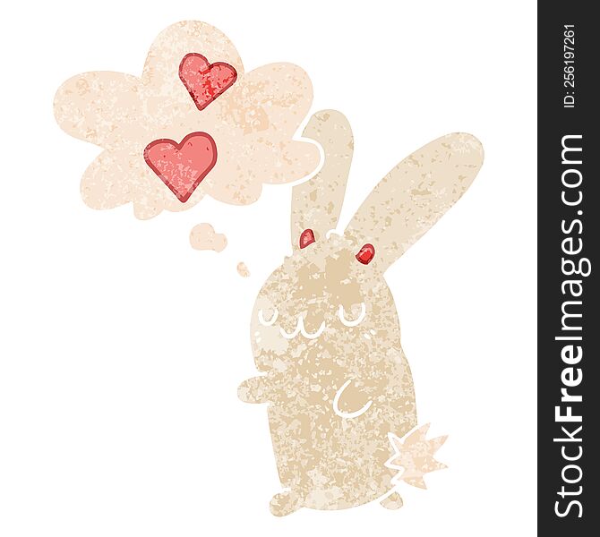 cartoon rabbit in love with thought bubble in grunge distressed retro textured style. cartoon rabbit in love with thought bubble in grunge distressed retro textured style
