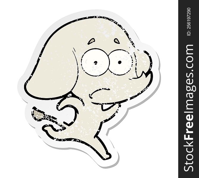 distressed sticker of a cartoon unsure elephant running away