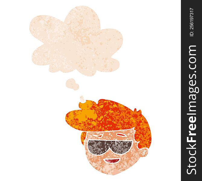 Cartoon Boy Wearing Sunglasses And Thought Bubble In Retro Textured Style