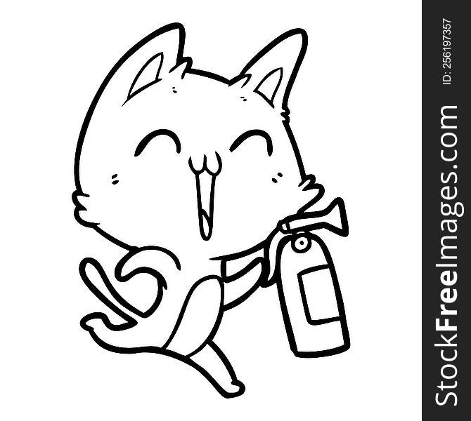happy cartoon cat with fire extinguisher. happy cartoon cat with fire extinguisher