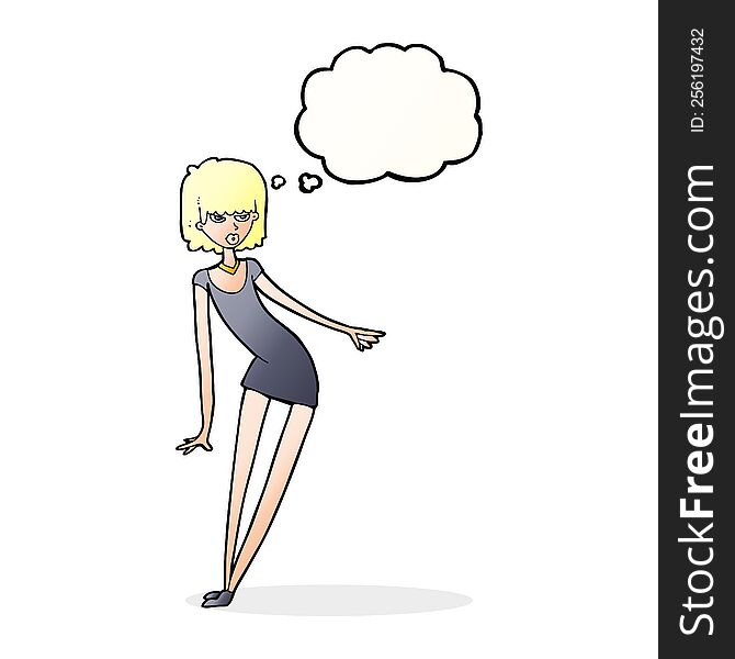 cartoon woman in dress leaning with thought bubble
