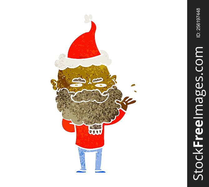 hand drawn retro cartoon of a dismissive man with beard frowning wearing santa hat