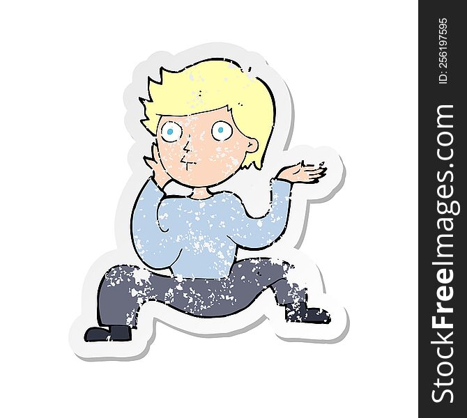 retro distressed sticker of a cartoon boy doing crazy dance