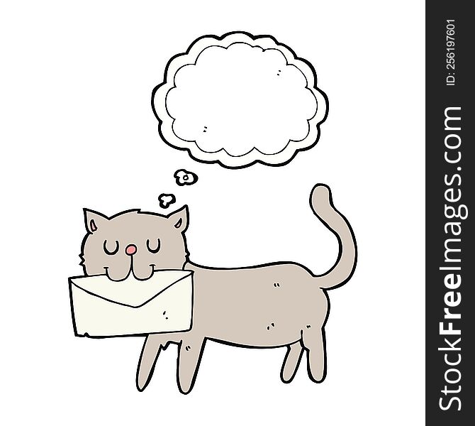 cartoon cat carrying letter with thought bubble