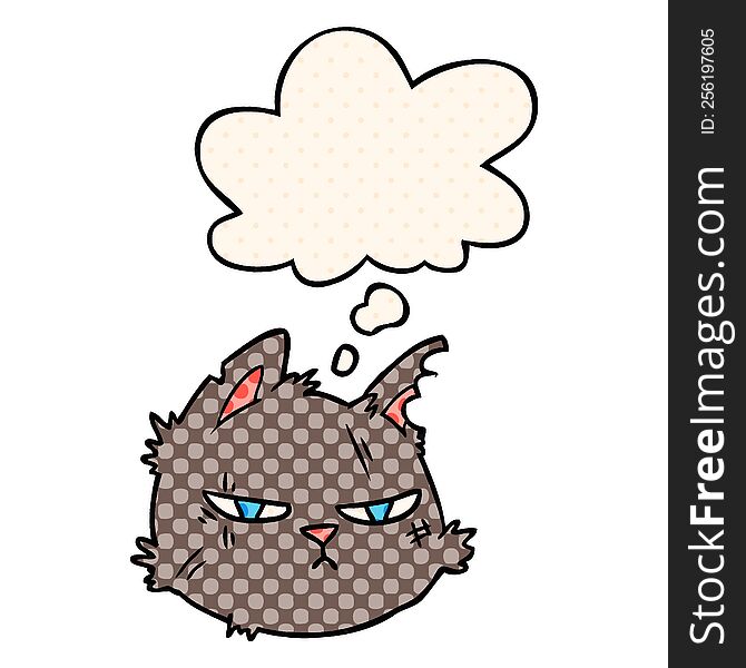 cartoon tough cat face with thought bubble in comic book style
