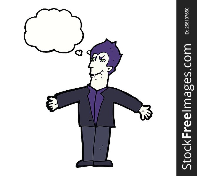 cartoon vampire man with open arms with thought bubble