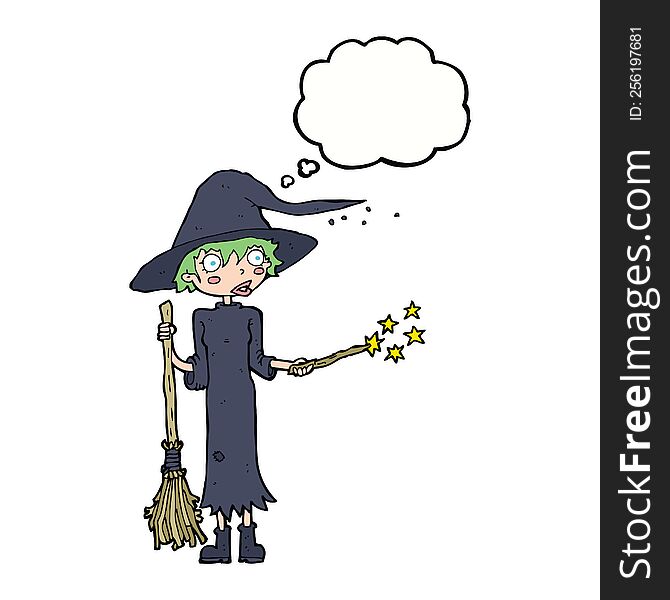 Cartoon Witch Casting Spell With Thought Bubble