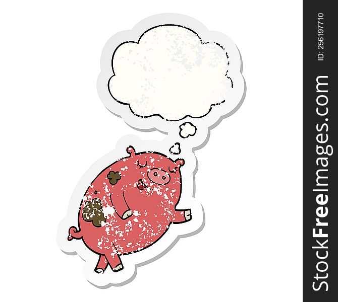 cartoon dancing pig with thought bubble as a distressed worn sticker