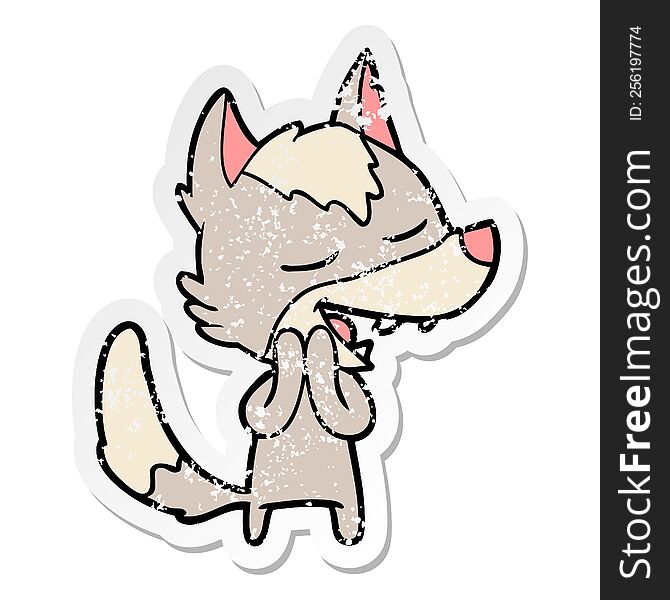 Distressed Sticker Of A Cartoon Wolf Laughing