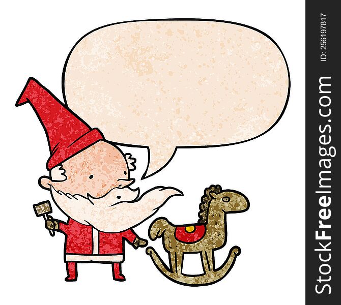 cartoon santa (or elf) making a rocking horse and speech bubble in retro texture style
