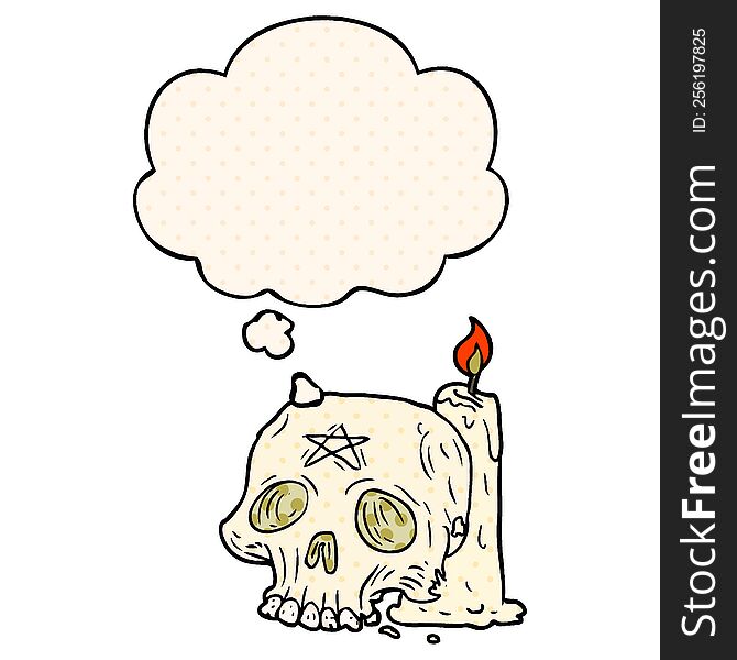 Cartoon Spooky Skull And Candle And Thought Bubble In Comic Book Style