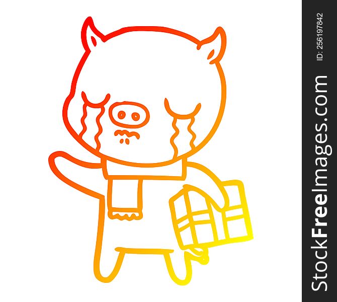 Warm Gradient Line Drawing Cartoon Pig Crying Over Christmas Present