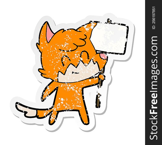 Distressed Sticker Of A Cartoon Friendly Fox With Sign