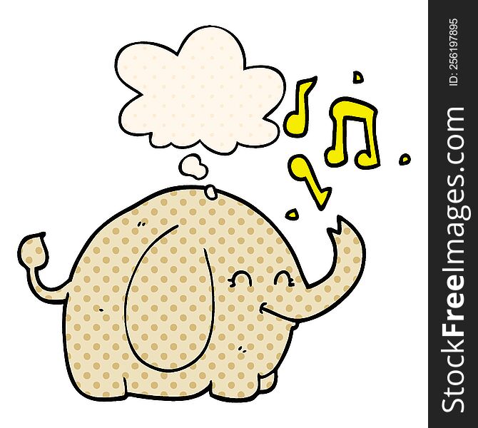 cartoon trumpeting elephant with thought bubble in comic book style