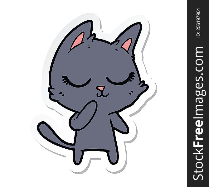 sticker of a calm cartoon cat considering