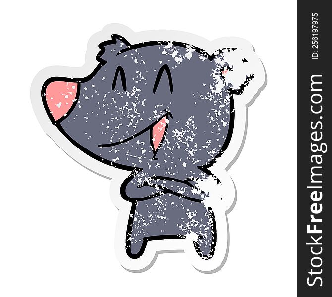 Distressed Sticker Of A Laughing Bear With Crossed Arms Cartoon