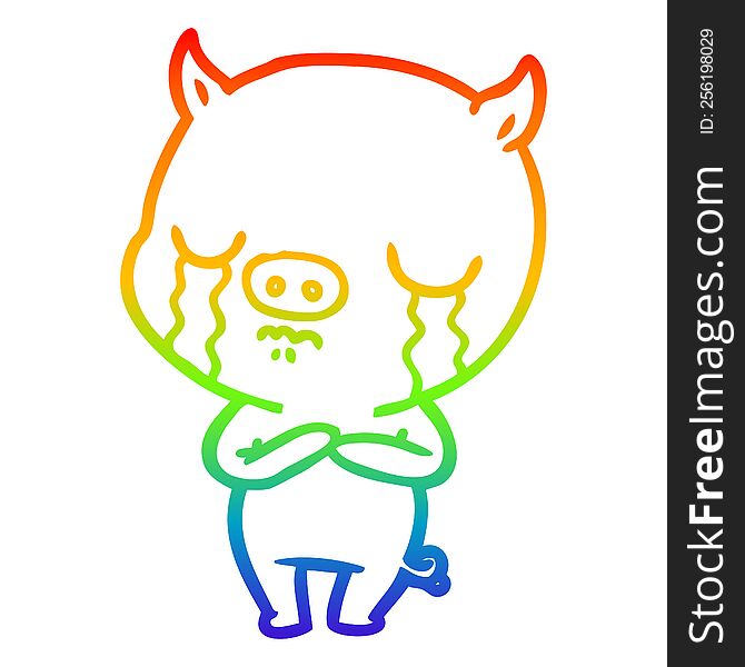 Rainbow Gradient Line Drawing Cartoon Pig Crying