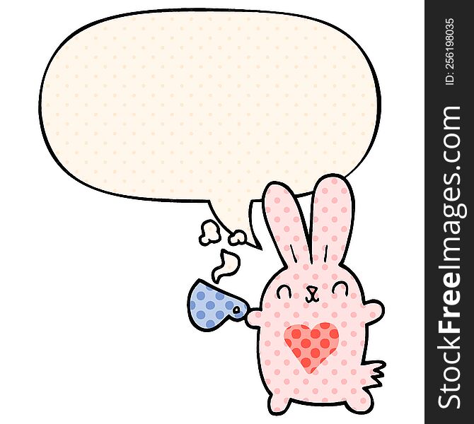 Cute Cartoon Rabbit And Love Heart And Coffee Cup And Speech Bubble In Comic Book Style