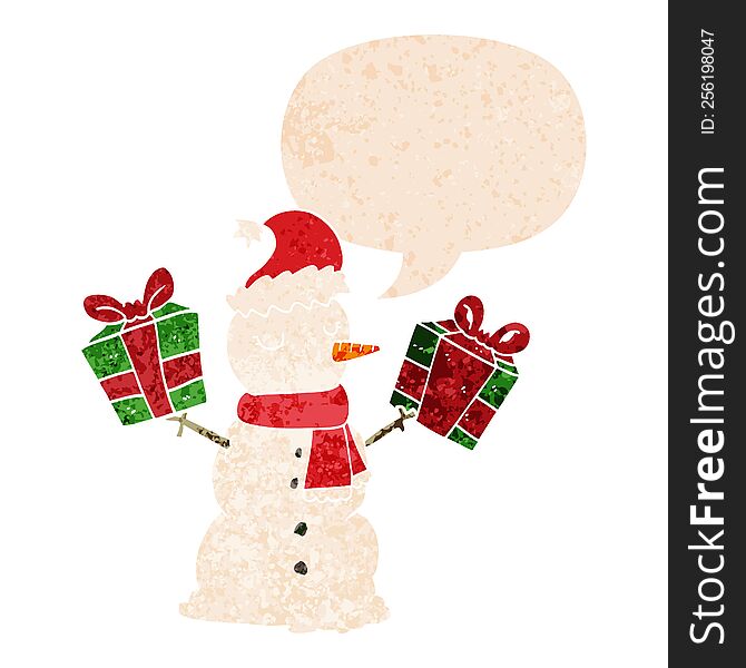 Cartoon Snowman And Speech Bubble In Retro Textured Style